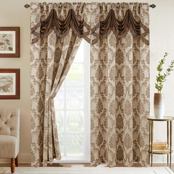 Elegant Comfort Jacquard Look Curtain Panel Set with Attached Waterfall Valance, (Set of 2), 54 x 84 Inches, Beige/Brown