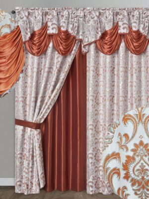 Jacquard Window Curtain Panel Drape with Attached Fancy Valance and Taffeta Backing. 2pcs Set. Each pc 54" Wide x 90" Drop with 18" Valance. (Rust)